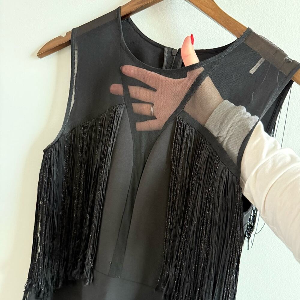 Sandro Paris | Women’s Black Deep V-Neck Mesh & Tassels Fringe Sleeveless Dress - Picture 5 of 14